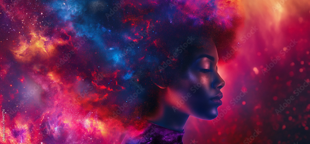 An artistic depiction of a black woman with an afro morphing into a cosmic nebula, set against a purple space-themed background, suitable for creative or celestial events.