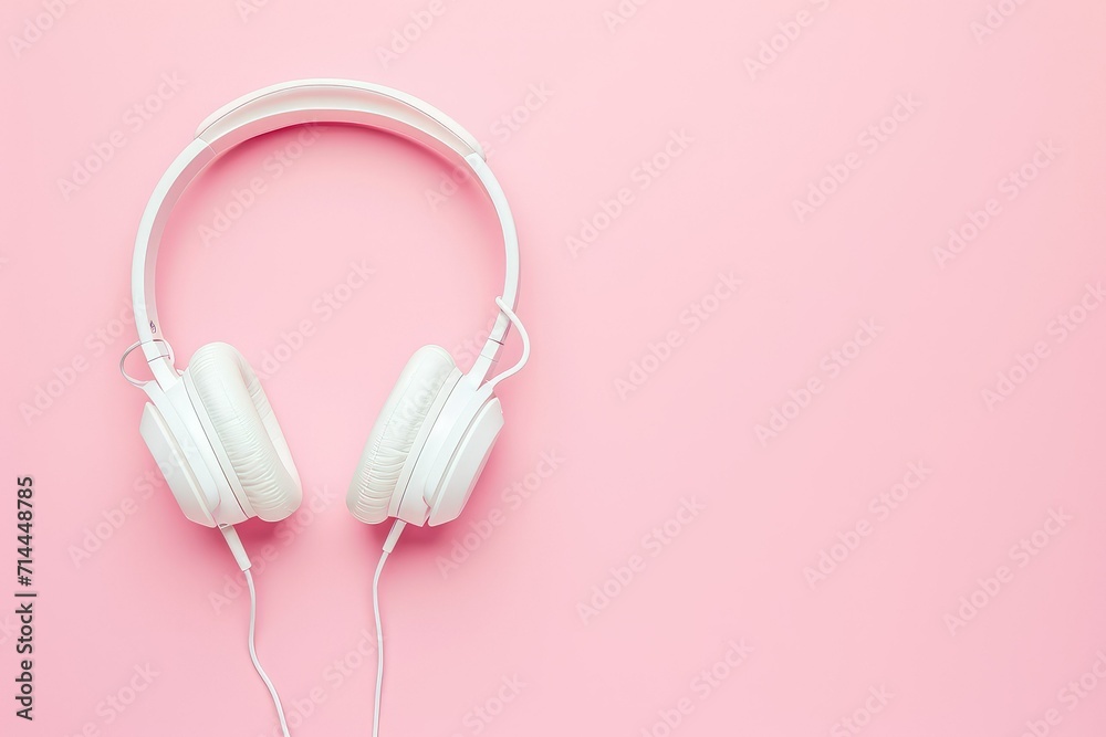 Top view of white headphones on pink background with copy space. Flat lay. Top view of white headphones on pink background with copy space. Flat lay.