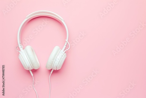 Top view of white headphones on pink background with copy space. Flat lay.