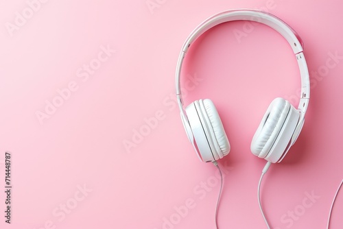 Top view of white headphones on pink background with copy space. Flat lay.