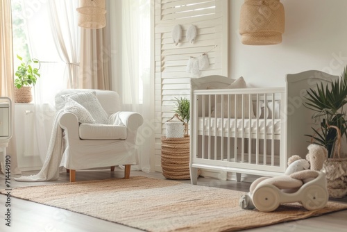 Interior of cozy Scandi eco-friendly children's room in a modern house or apartment. Soft natural hues with predominance of white, wooden and wicker furniture, baskets for storing toys, indoor plants. photo