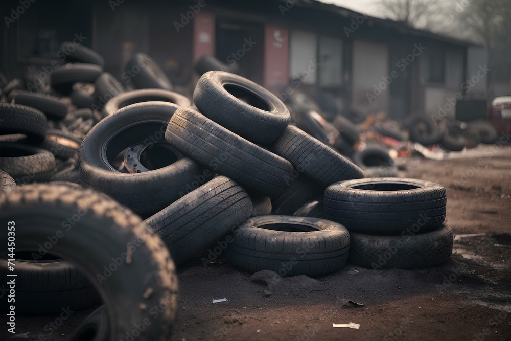 pile of old car tires lying on the ground in a scrapyard