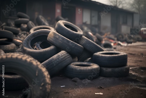 pile of old car tires lying on the ground in a scrapyard photo