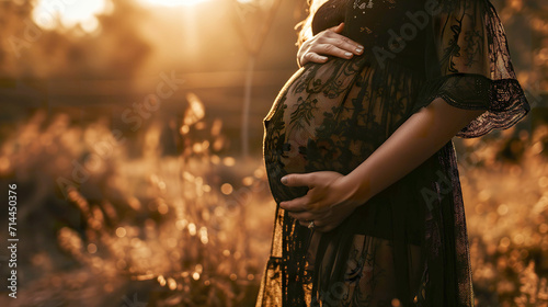 Maternal Serenity, Close-Up of Pregnancy in Stylish Dress