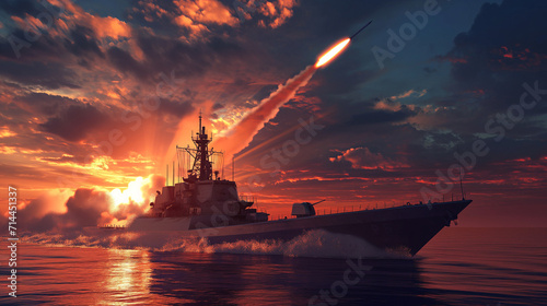 The warship is firing missiles at the target. photo