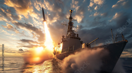 The warship is firing missiles at the target. photo