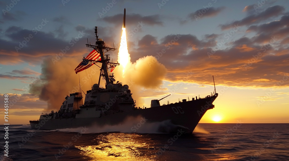 The warship is firing missiles at the target. - obrazy, fototapety, plakaty 