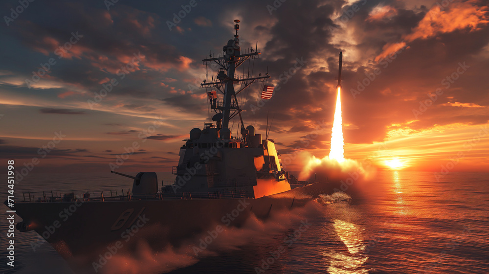 The warship is firing missiles at the target. - obrazy, fototapety, plakaty 