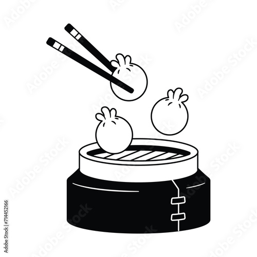 Illustration vector of Dimsum on the steamer chinese food illustration Black and White icon Design style isolated white background