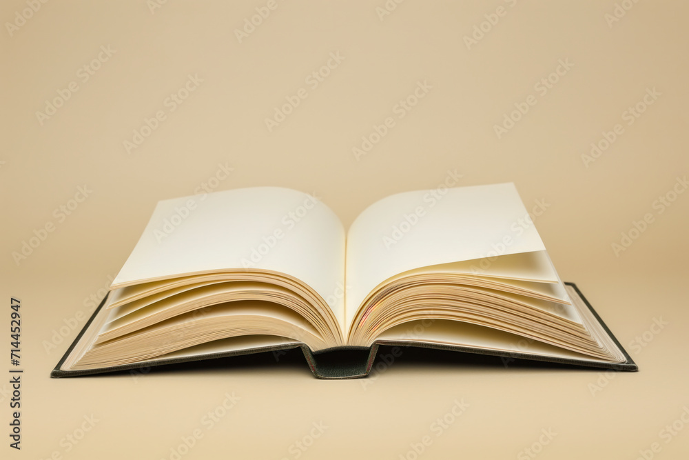 Open hardcover book with blank pages on beige background Open hardcover book with blank pages on beige background