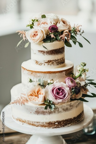 Beautiful rustic wedding cake, natural background with copy space. © Suwanlee