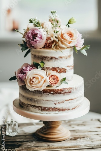 Beautiful rustic wedding cake, natural background with copy space.