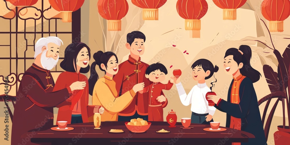 Happy family celebrating Chinese New Year in traditional clothes cartoon vector illustration.