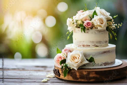 Rustic wedding cake with copy space.