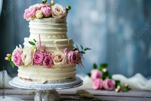 Beautiful rustic wedding cake with copy space. photo