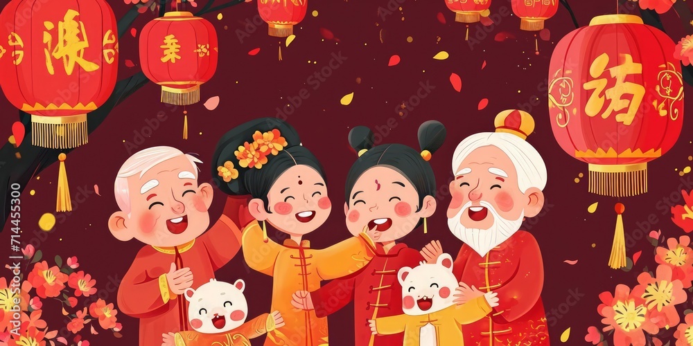Happy Chinese New Year 2024, 2025, 2026, 2027, 2028 greeting card, banner, poster. Cute cartoon family celebrate chinese new year. - obrazy, fototapety, plakaty 
