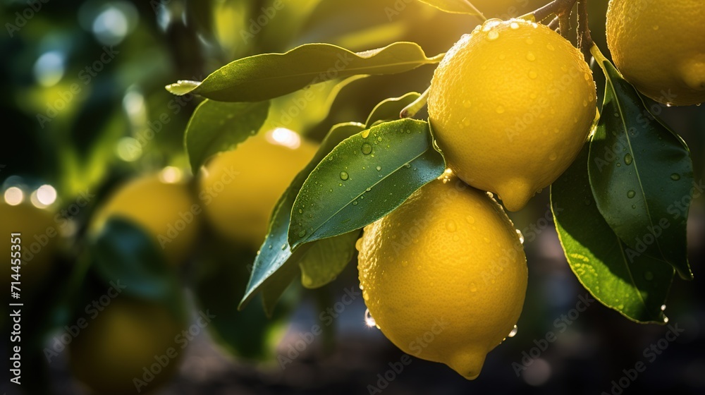 Fresh ripe lemons hanging on a lemon tree branch in sunny garden.