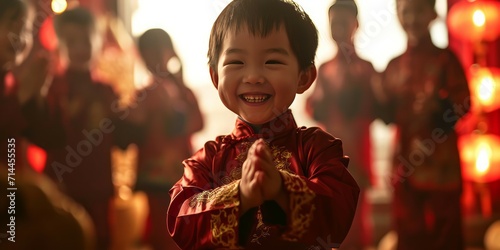 Asian boy and family celebrate chinese new year in the room with red envelopes photo