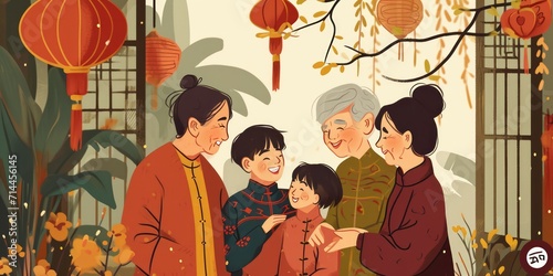 Happy Chinese New Year 2024, 2025, 2026, 2027, 2028 greeting card, banner, poster. Cute cartoon family celebrate chinese new year.