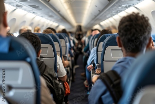 Passengers seated in the cabin of an airplane photo