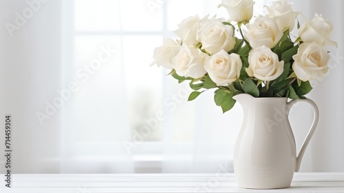 white roses in white jug in bedroom