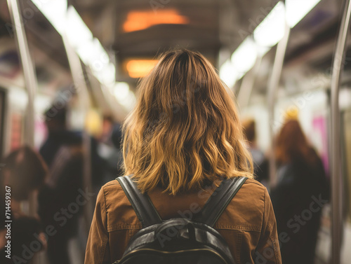 Girl / woman with a backpack and jacket seen from behind, standing in a train / subway/ metro    © Deea Journey 