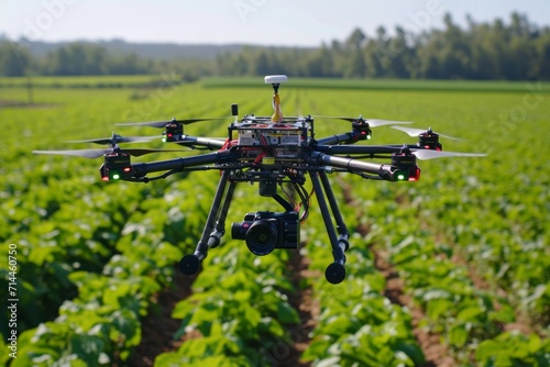 Close-up view of drone flying over agricultural field in spring, controlling growth and vegetation of crops. Modern technology innovation in agricultural industry.