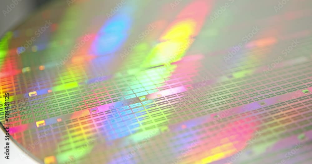 A close-up view of a silicon wafer's microprocessor circuit layout. The semiconductors or central processing unit CPU microchips are fabricated from a silicon wafer with patterned layers of materials.