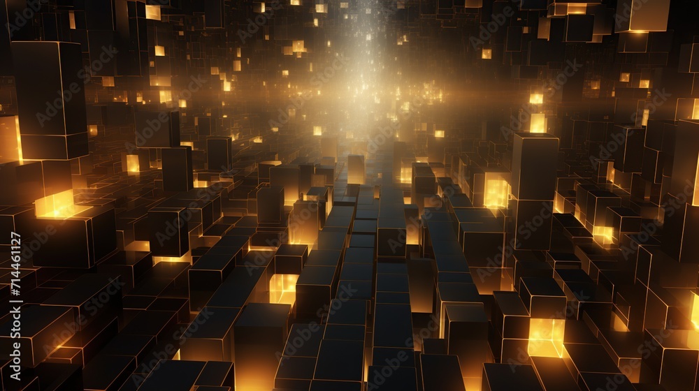 Fototapeta premium Abstract background with golden glowing squares in space.