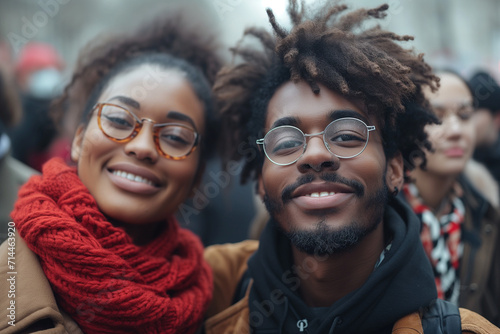 A black man and woman smiling at a protest rally, symbolizing unity and the pursuit of justice.