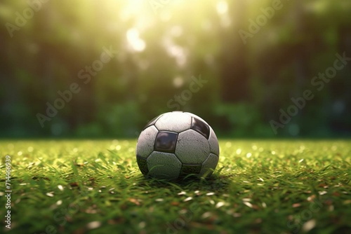 A 3D render of a soccer ball on a field, depicting the idea of playing football. Generative AI © Kamila