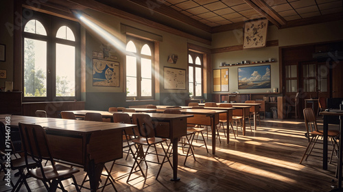 Sunlit Sanctuary: Where Knowledge Basks in Golden Rays, a Classroom Awaits Dreams to Bloom. Lessons in Light: Wooden Wisdom Whispers, Sunbeams Paint Stories on Empty Pages, Awaiting Curious Minds.