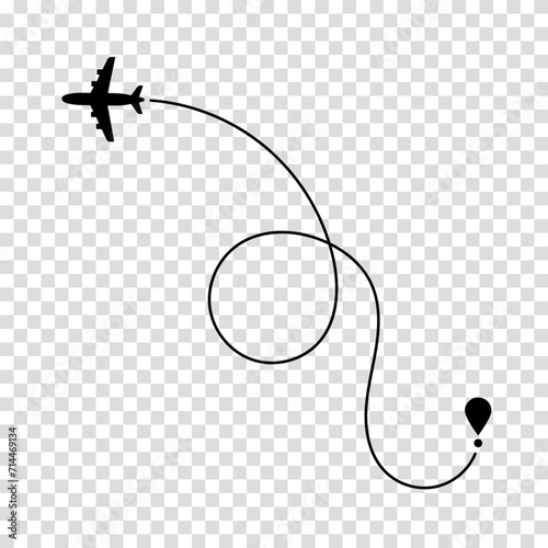 Airplane route plane path. Travel concept. Aircraft tracking. Vector illustration on a transparent background.