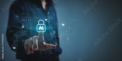 Network cybersecurity and privacy using artificial intelligence to safeguard data. AI technology is being used by a businessman to protect data management and information to cyberattacks.