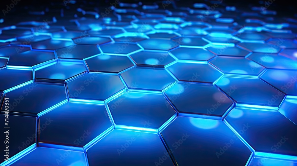 A background with neon blue hexagons arranged in a grid pattern with a neon glow effect and a lens flare A background with neon blue hexagons arranged in a grid pattern with a neon glow effect and a lens flare