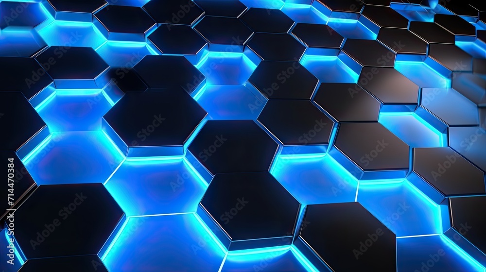 A background with neon blue hexagons arranged in a grid pattern with a reflection effect and a motion blur