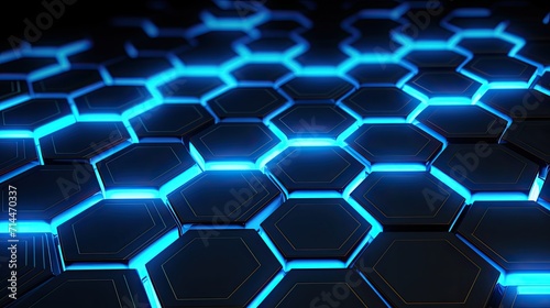 A background with neon blue hexagons arranged in a honeycomb pattern