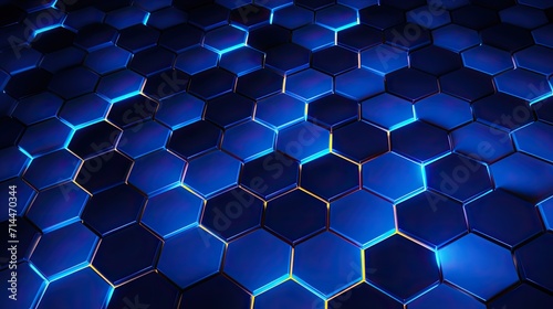 A background with neon blue hexagons arranged in a honeycomb pattern