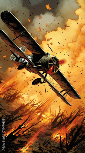 A vintage biplane engaged in a war scene, showcasing the historical significance of biplanes during wartime aviation battles.