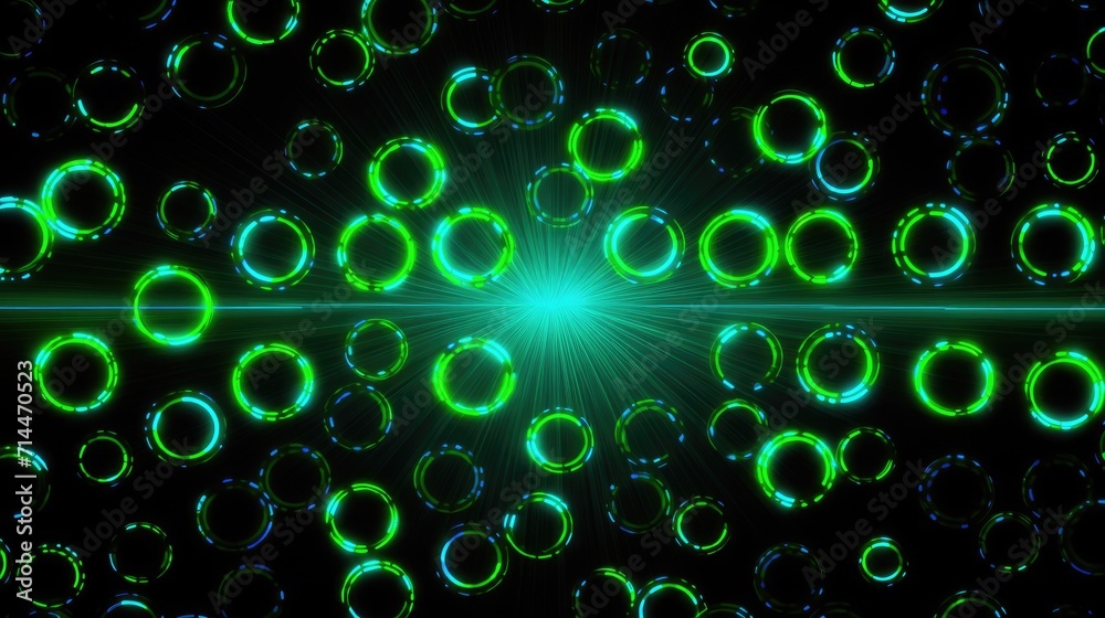 A background with neon green circles arranged in a repeating pattern with a glitch effect and a digital noise