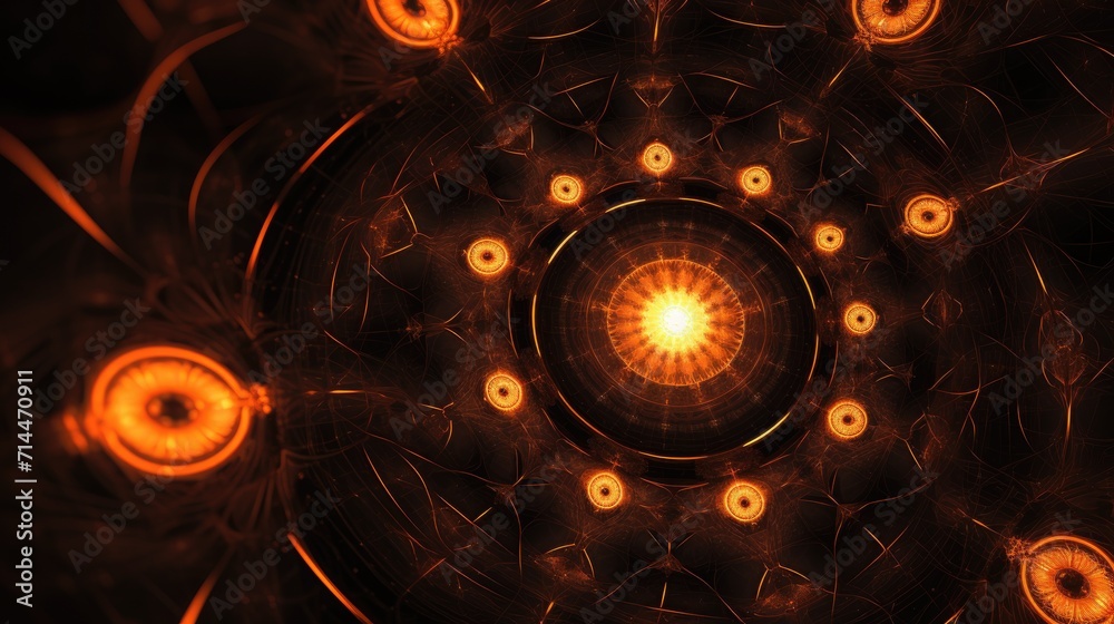 Obraz premium A background with neon orange circles arranged in a repeating pattern with a kaleidoscope effect and a radial blur