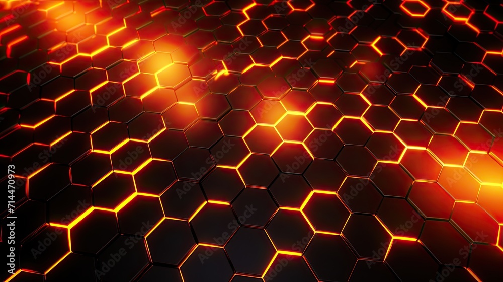 A background with neon orange hexagons arranged in a grid pattern with a neon glow effect