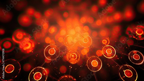 A background with neon orange circles arranged in a repeating pattern with a kaleidoscope effect and a radial blur