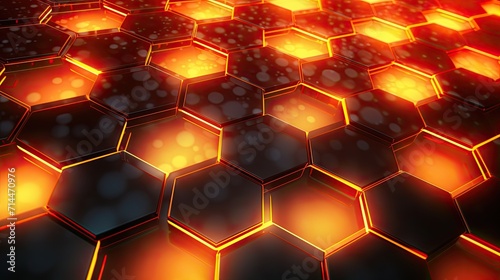 A background with neon orange hexagons arranged in a honeycomb pattern with a neon glow effect and a lens flare