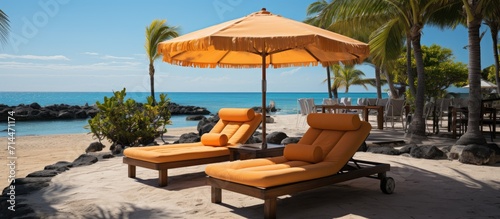 beautiful summer, lounge chairs, umbrellas under palm trees