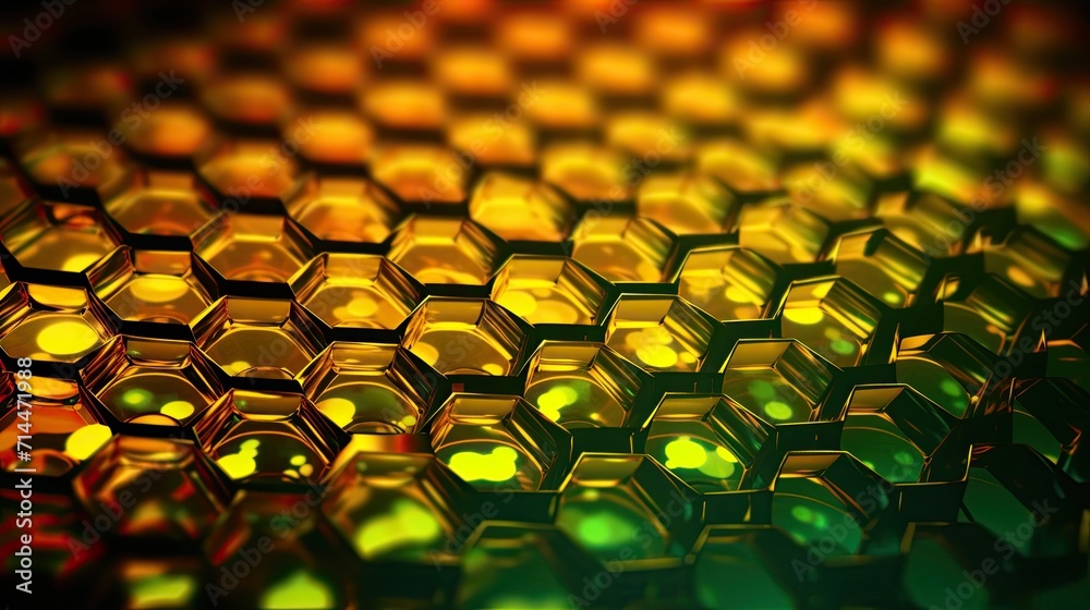 Obraz premium A background with neon yellow circles arranged in a honeycomb pattern with a kaleidoscope effect and a tilt shift