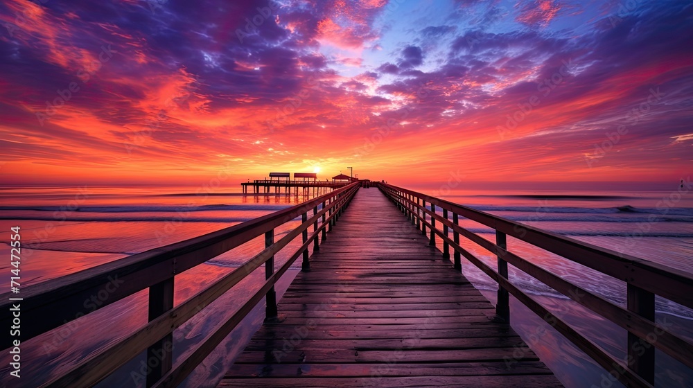 A colorful sunset over the ocean with a silhouetted pier