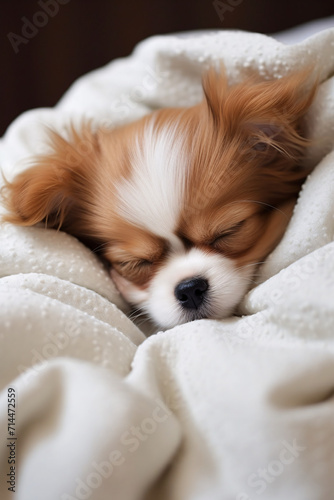 A cute pet dog peacefully sleeping, radiating warmth and tranquility, capturing the heartwarming essence of adorable canine relaxation.