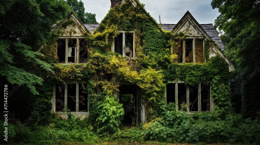 A creepy abandoned house with broken windows and overgrown weeds