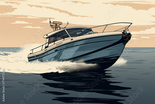 A speedboat (motorboat) at sea hand drawn in watercolor isolated on a white background. Watercolor illustration. Marine illustration photo